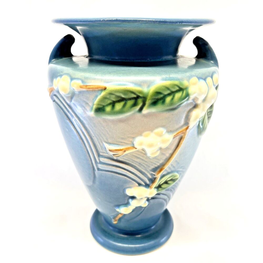 Roseville Pottery Snowberry Persian Blue 1V2-8 Vase 8.25” 1947 Excellent-USA